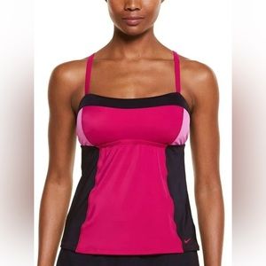 💗 Nike Tankini Swim Top Womens Medium Pink Black Colorblock Padded Adjustable